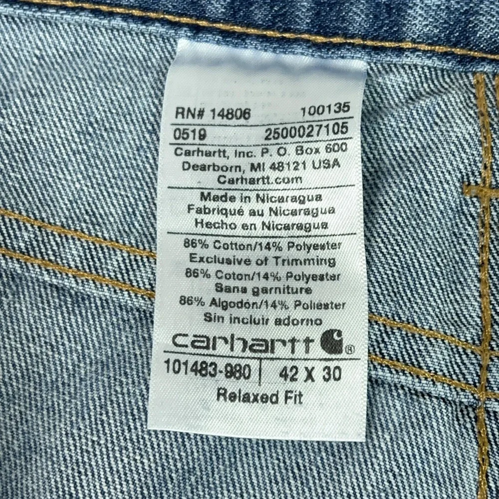 Carhartt Jeans Mens 42x30 Blue‎ Relaxed Fit Denim Workwear Straight Leg Zip Fly